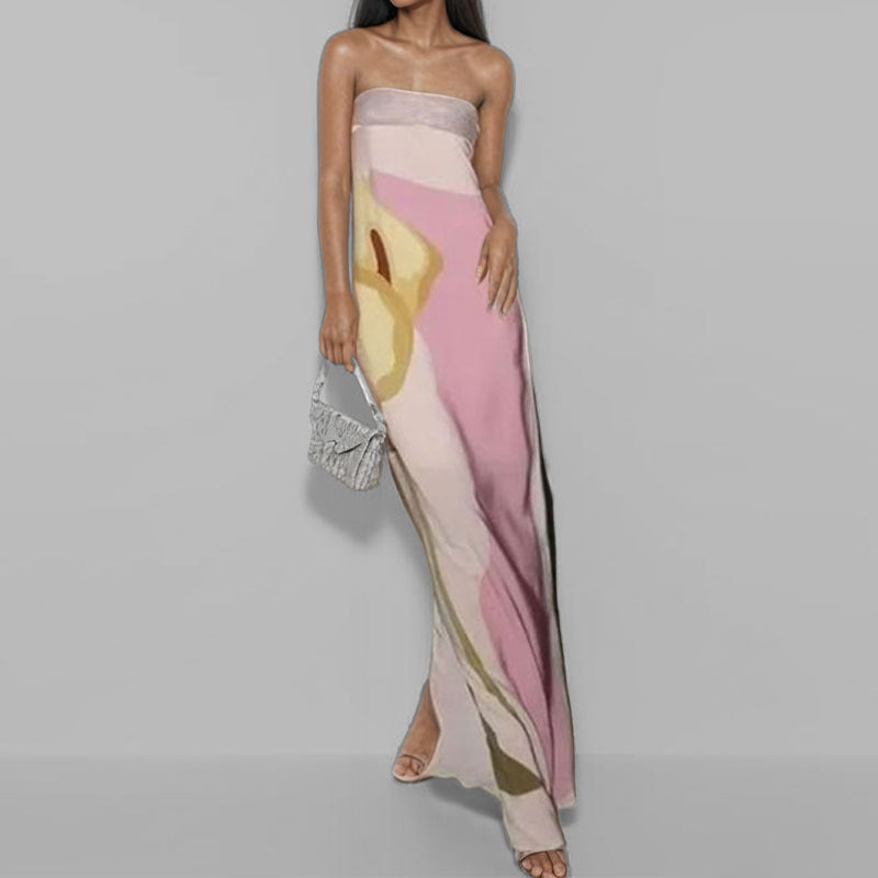 Pink Placement Print Off Shoulder Maxi Dress