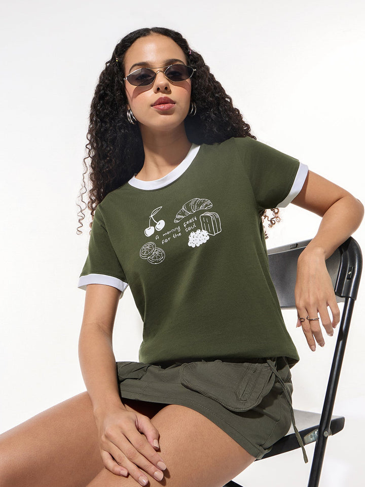 Green Graphic Printed Contrast Hem T-Shirt
