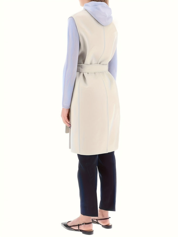 Beige Midi Length Winter Sleeveless Coat With Self Tieup Belt