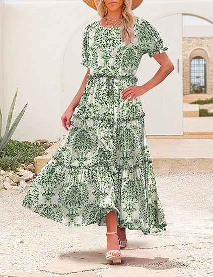 Green Scoop Round Neck Printed Tiered Dress