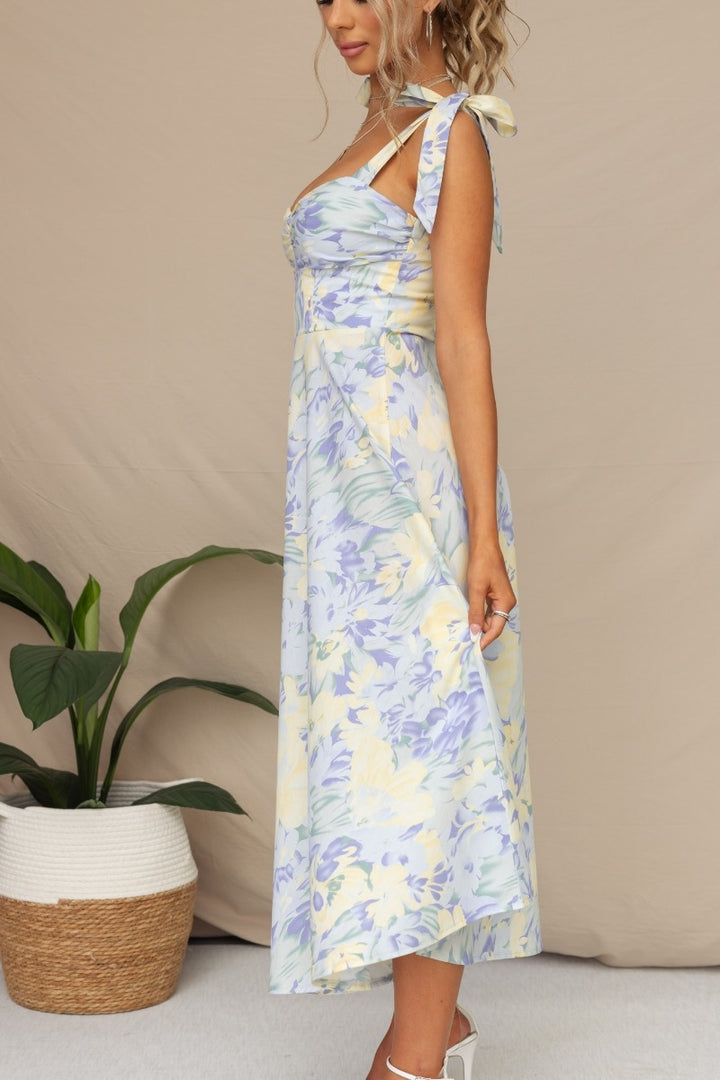 Blue Printed Bustier Tie Up Straps Dress