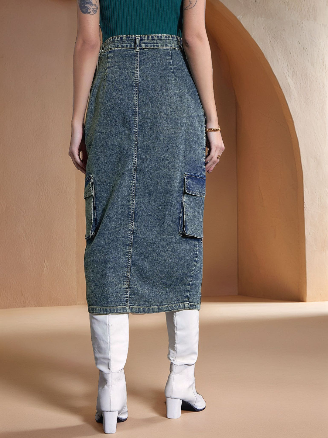 Green High Waist Front Slit Skirt