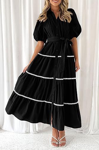 Black Button Down Puff Sleeved Shirt Dress