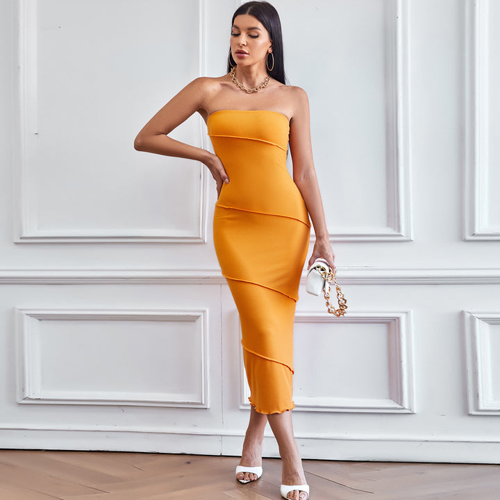 Orange Strapless Fitted Dress