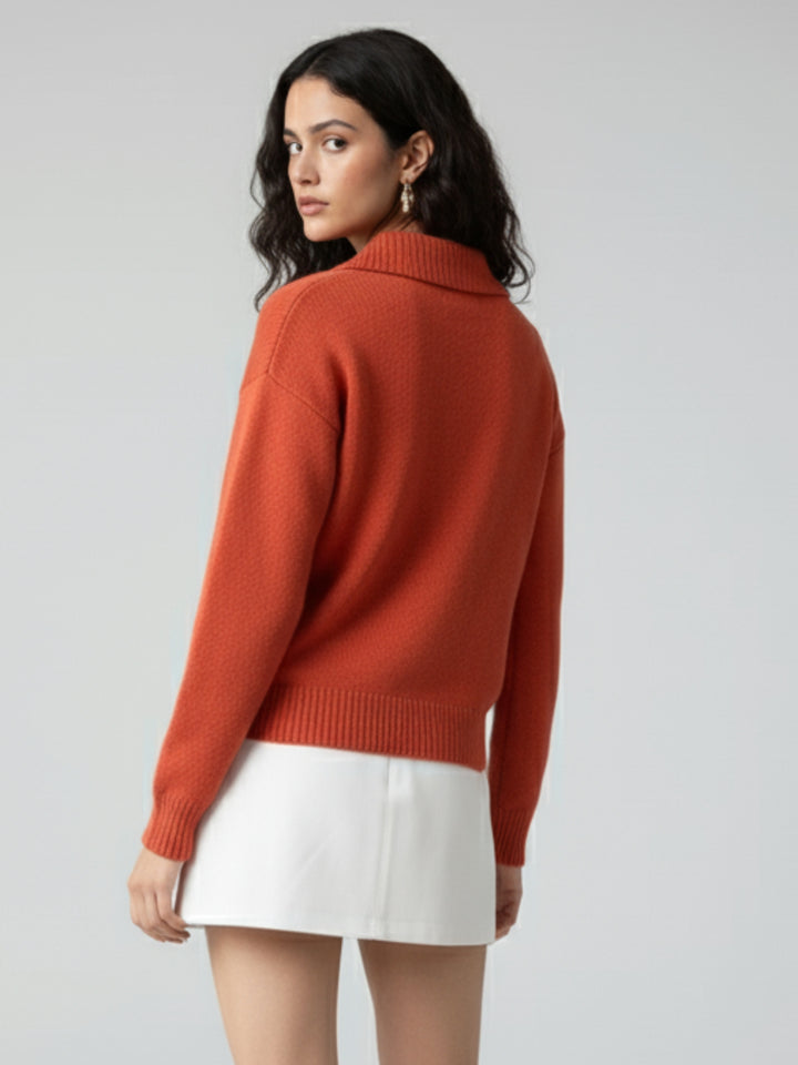 Red Collared Printed Single Button Sweater