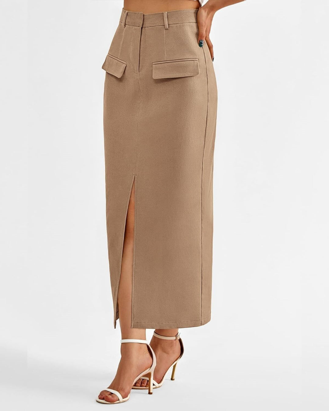 Khaki Front Pocket With Pocket Midi Skirt