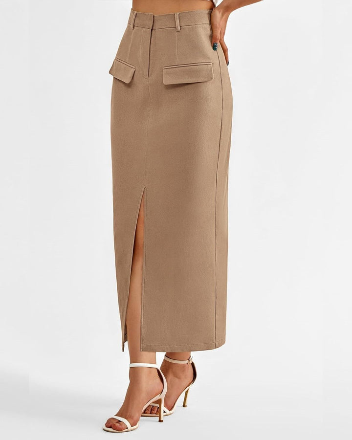 Khaki Front Pocket With Pocket Midi Skirt