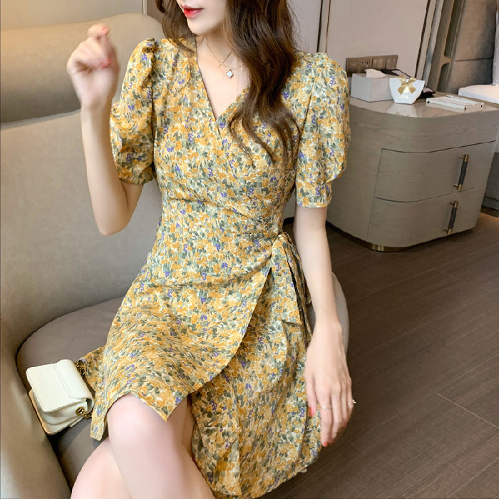 Yellow Puff Sleeve Wrap Dress