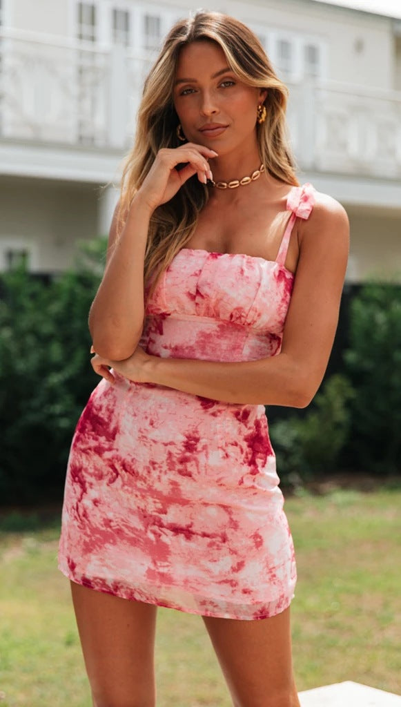 Pink Marble Effect Strappy Dress