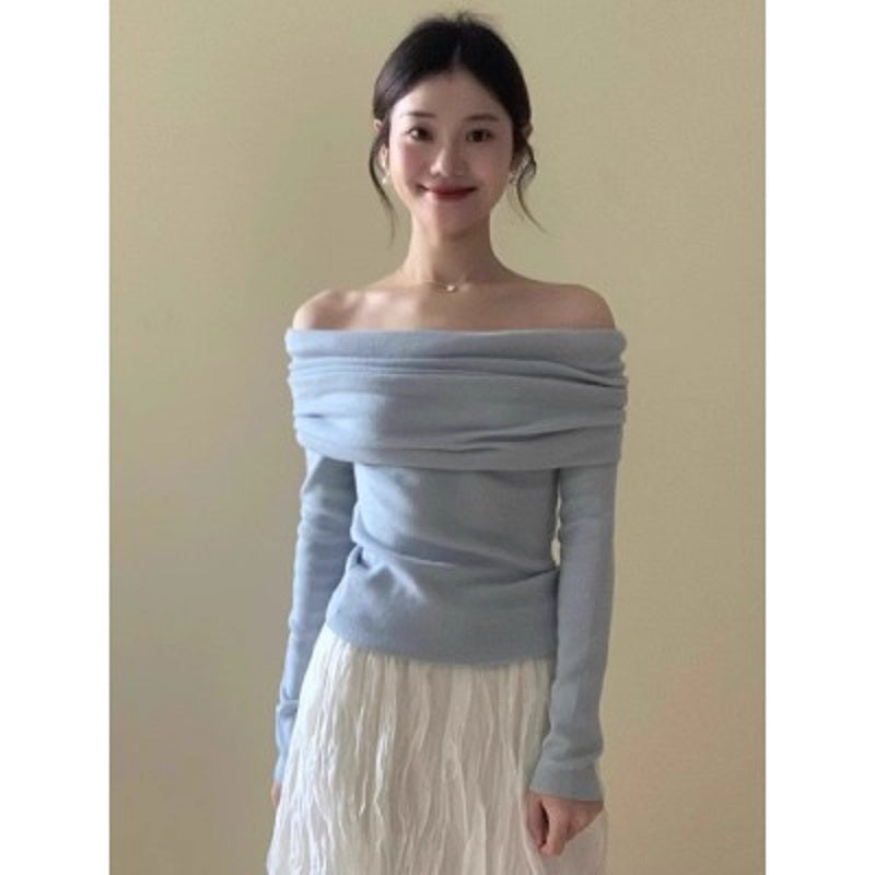 Blue Off-Shoulder Knit Top