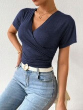 Blue V- Neck Ruched Knit Top