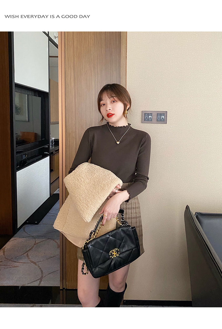Charcoal Full Sleeve Scallop Hem Mock Neck Fitted Top