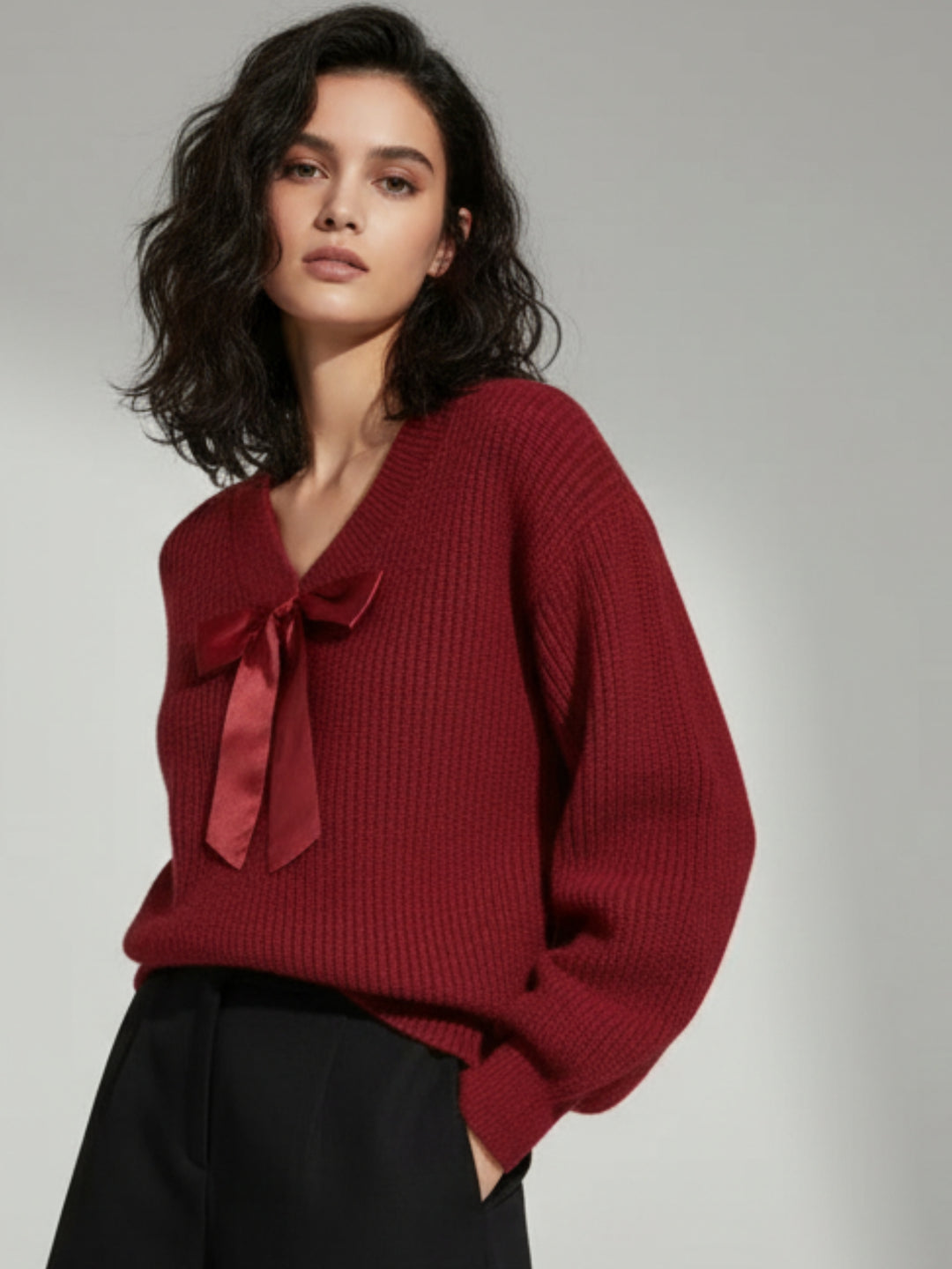 Maroon Full Sleeve V Neck Front Bow Sweater