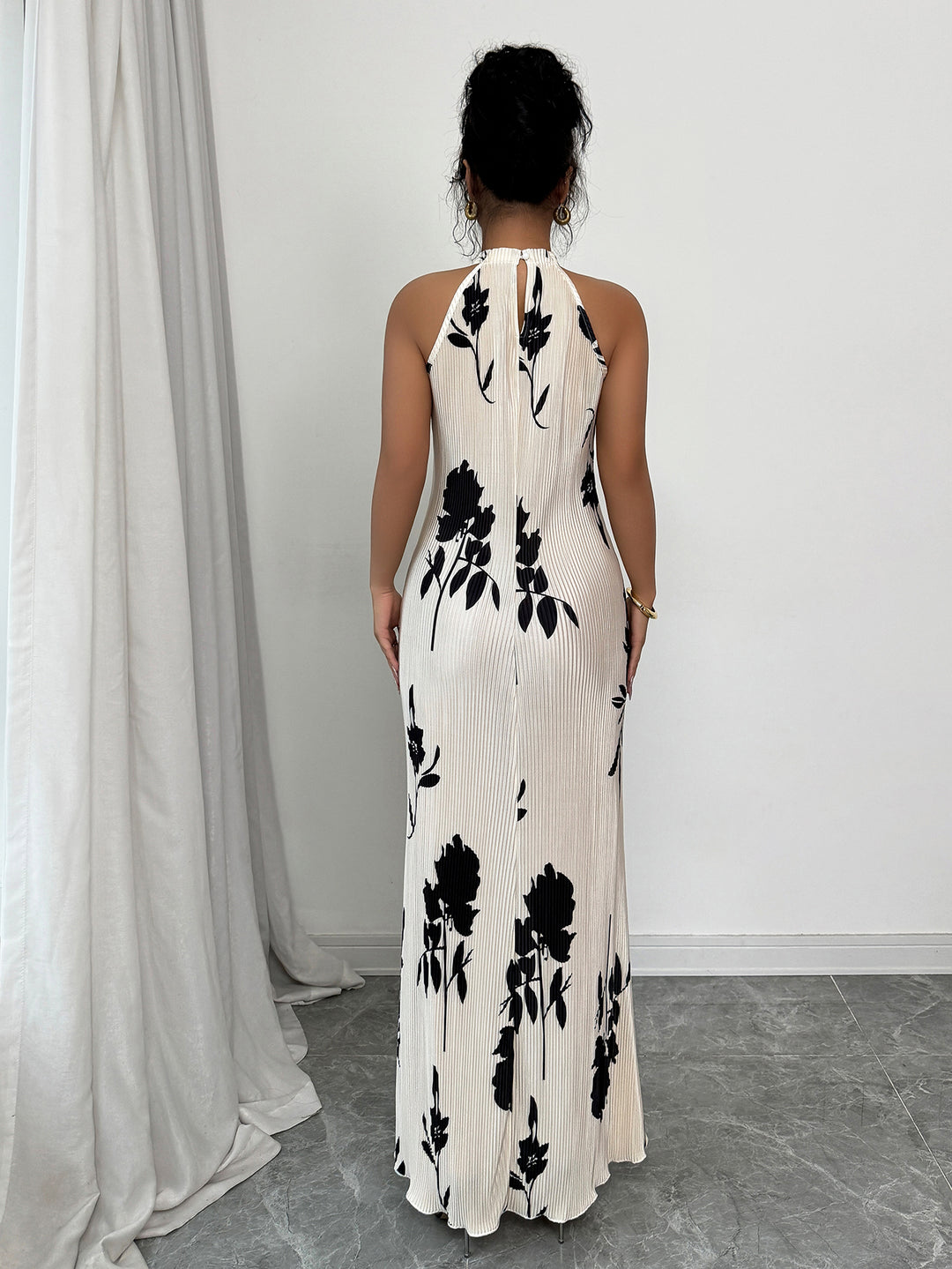 White Printed Halter Neck Maxi Dress
