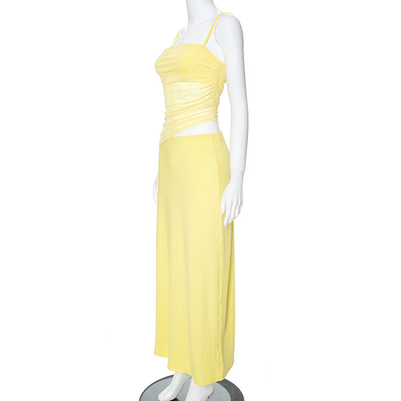 Yellow Strappy Cut Out Mesh Dress