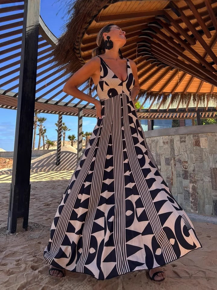 Navy Blue Abstract Print Sleeveless Plunging Neck Dress