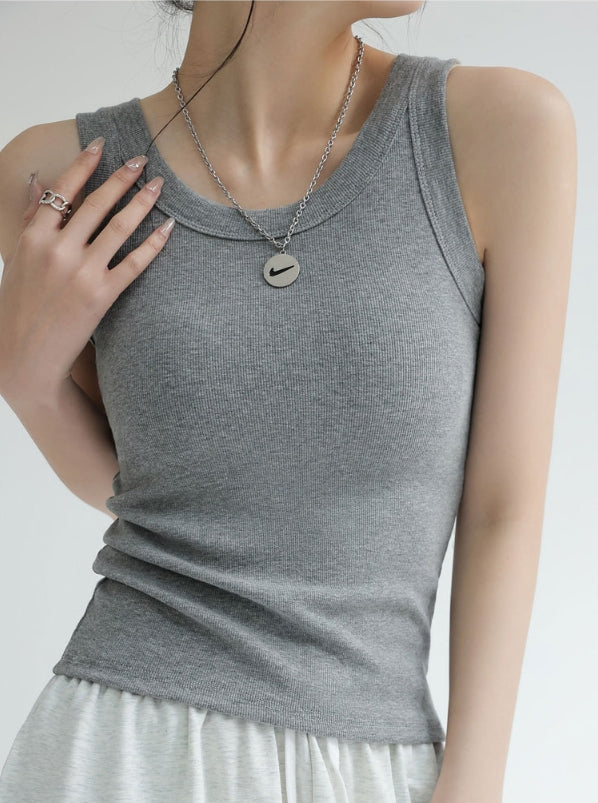 Grey Solid Ribbed Tank Top