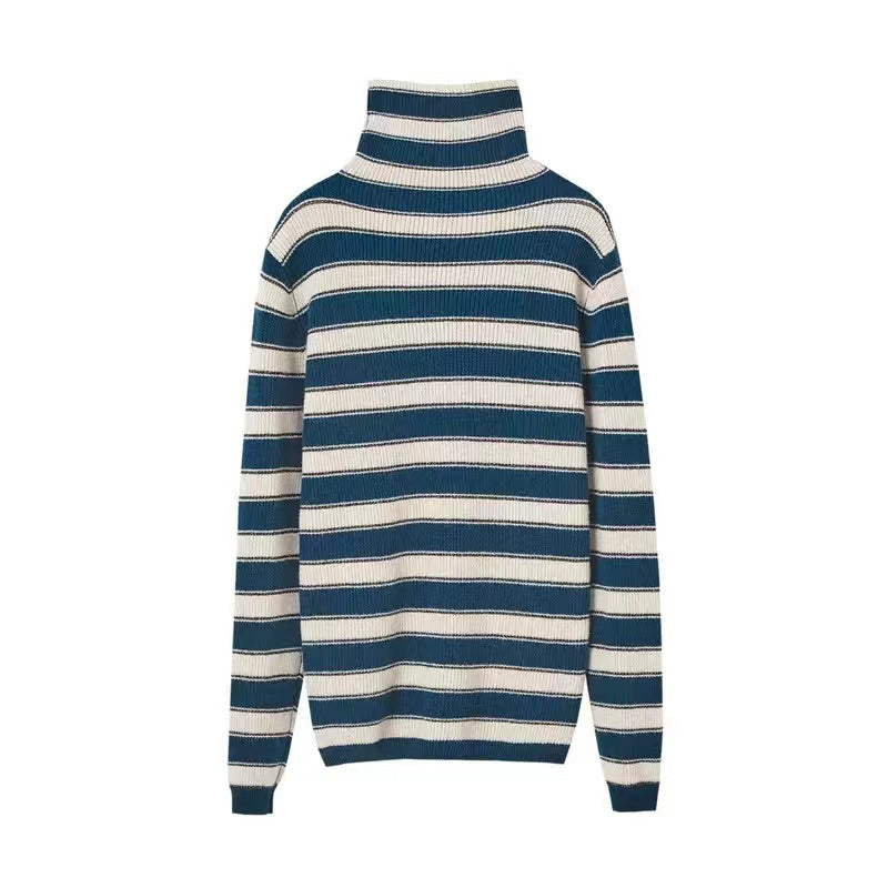 Blue Striped Turtle Neck Top