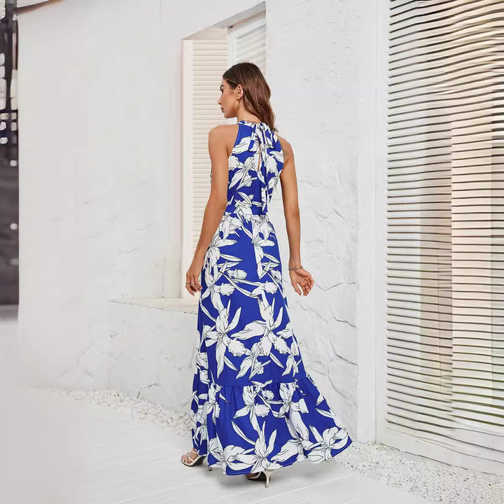 Blue Printed Halter Neck Maxi Dress