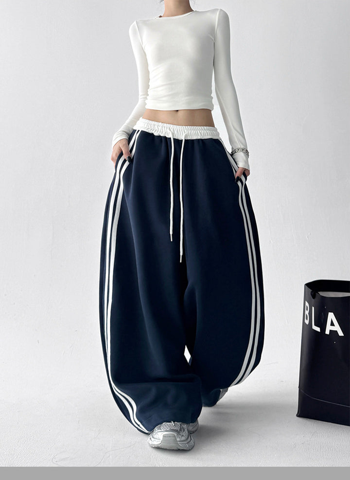 Navy Blue High Waist Contrast Band Baggy Pant