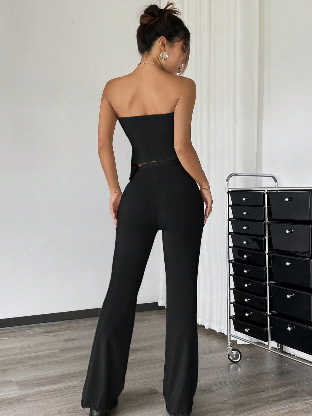 Black Strapless Side Ruched Asymmetrical Hem Co-Ords Set