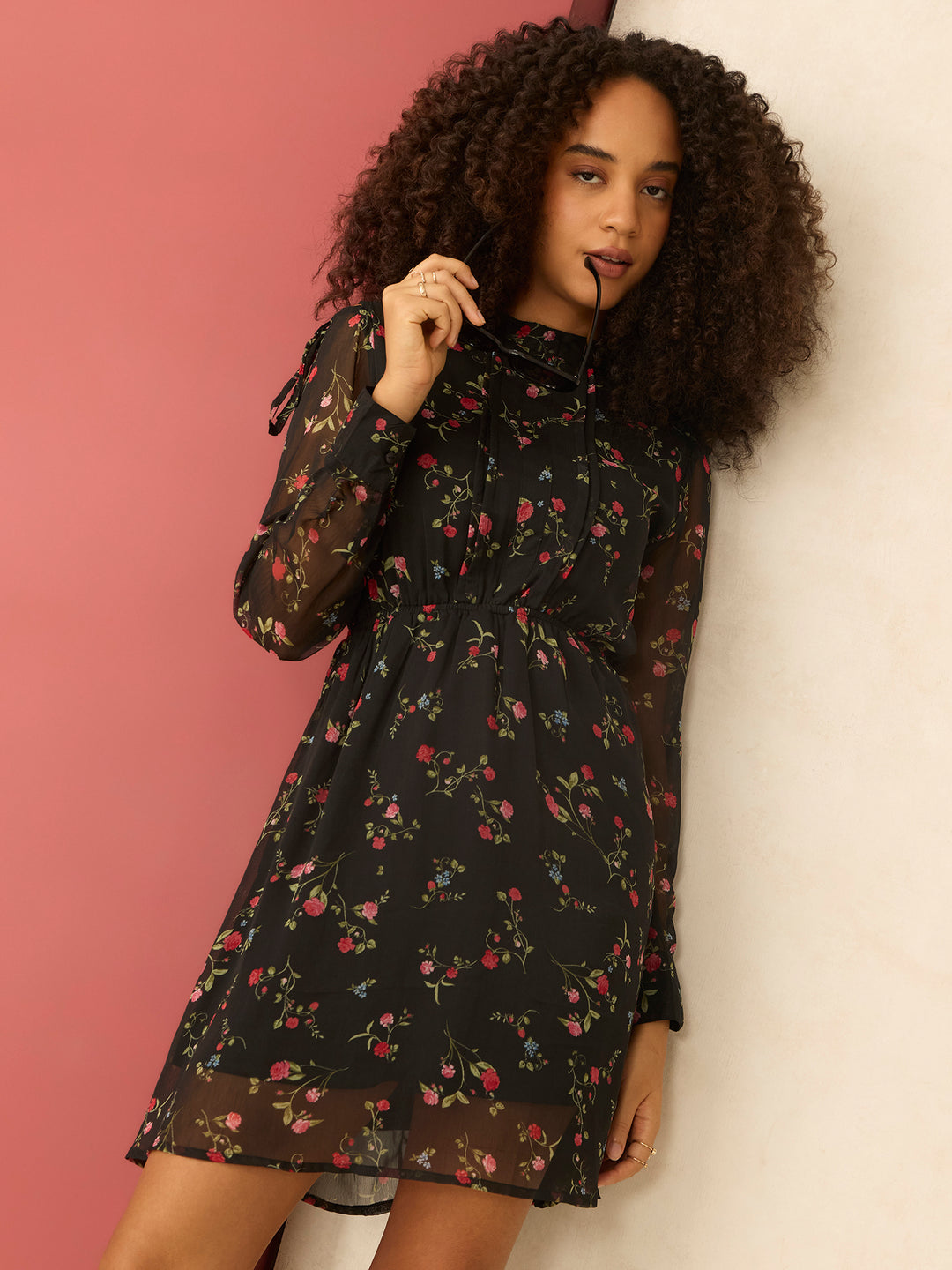 Black Floral Sheer Fit & Flare Mini Dress