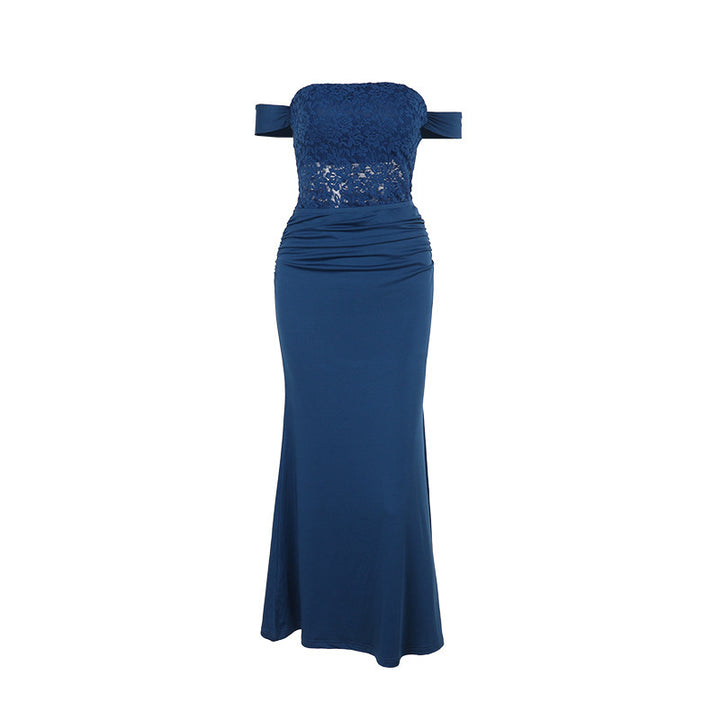 Blue Fitted Lace  With Gathered Dress