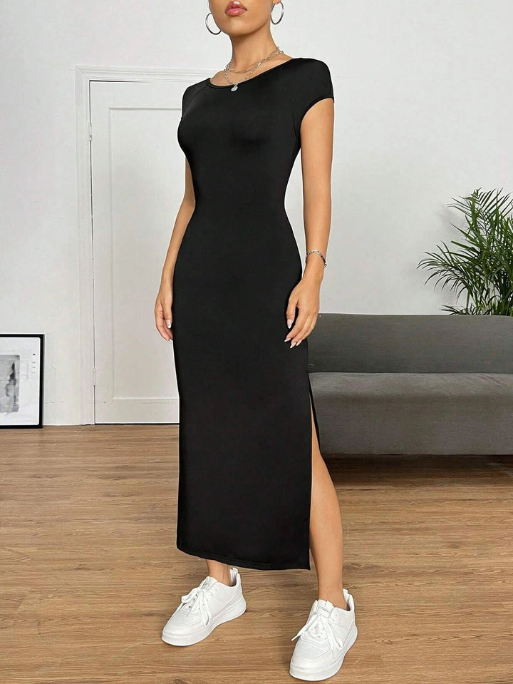 Black Cap Sleeved Deep Back Dress
