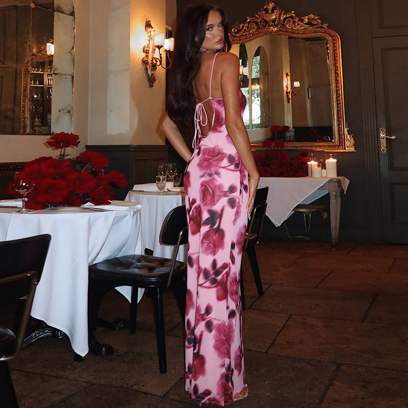 Pink Spaghetti Strap Printed Bodycon Maxi Dress