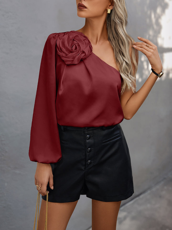 Wine  One Shoulder Floral Embellished Top
