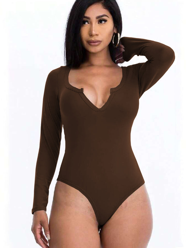 Brown Full Sleeved Scoop V-Neck Bodysuit