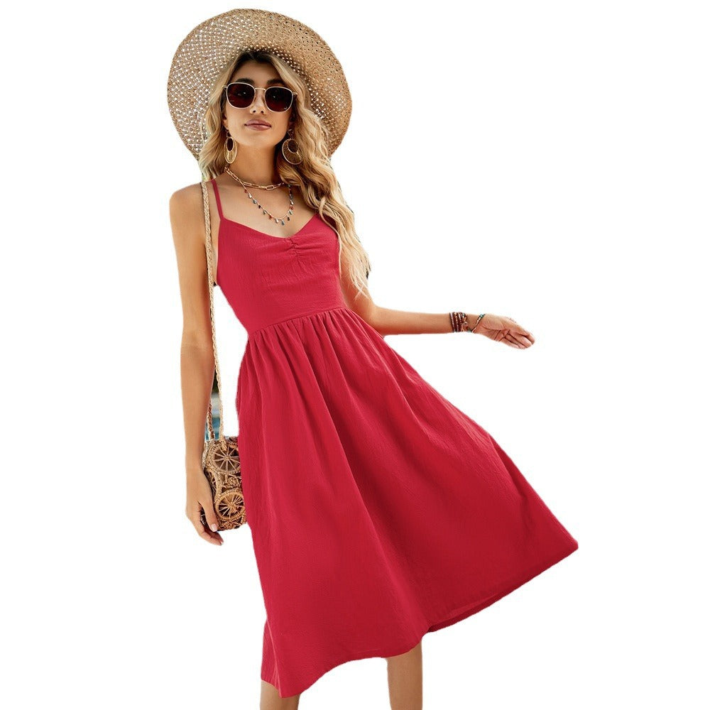 Red Shoulder Strap Back Detail Tie-Up Dress
