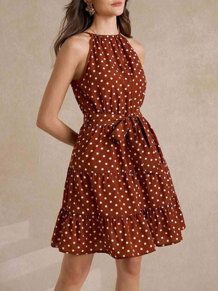 Brown Halter Neck Front Tie-Up Tiered Dress