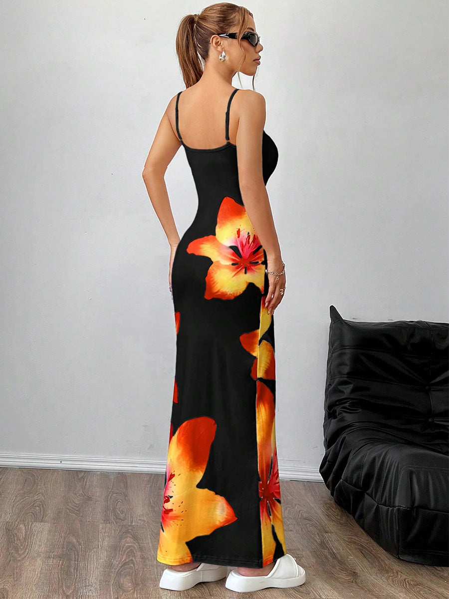 Black Strappy Bold Floral Printed Bodycon Dress