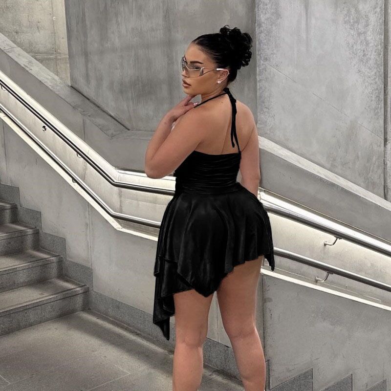 Black Shoulder Strap Asymmetrical Backless Dress