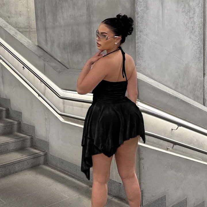 Black Shoulder Strap Asymmetrical Backless Dress