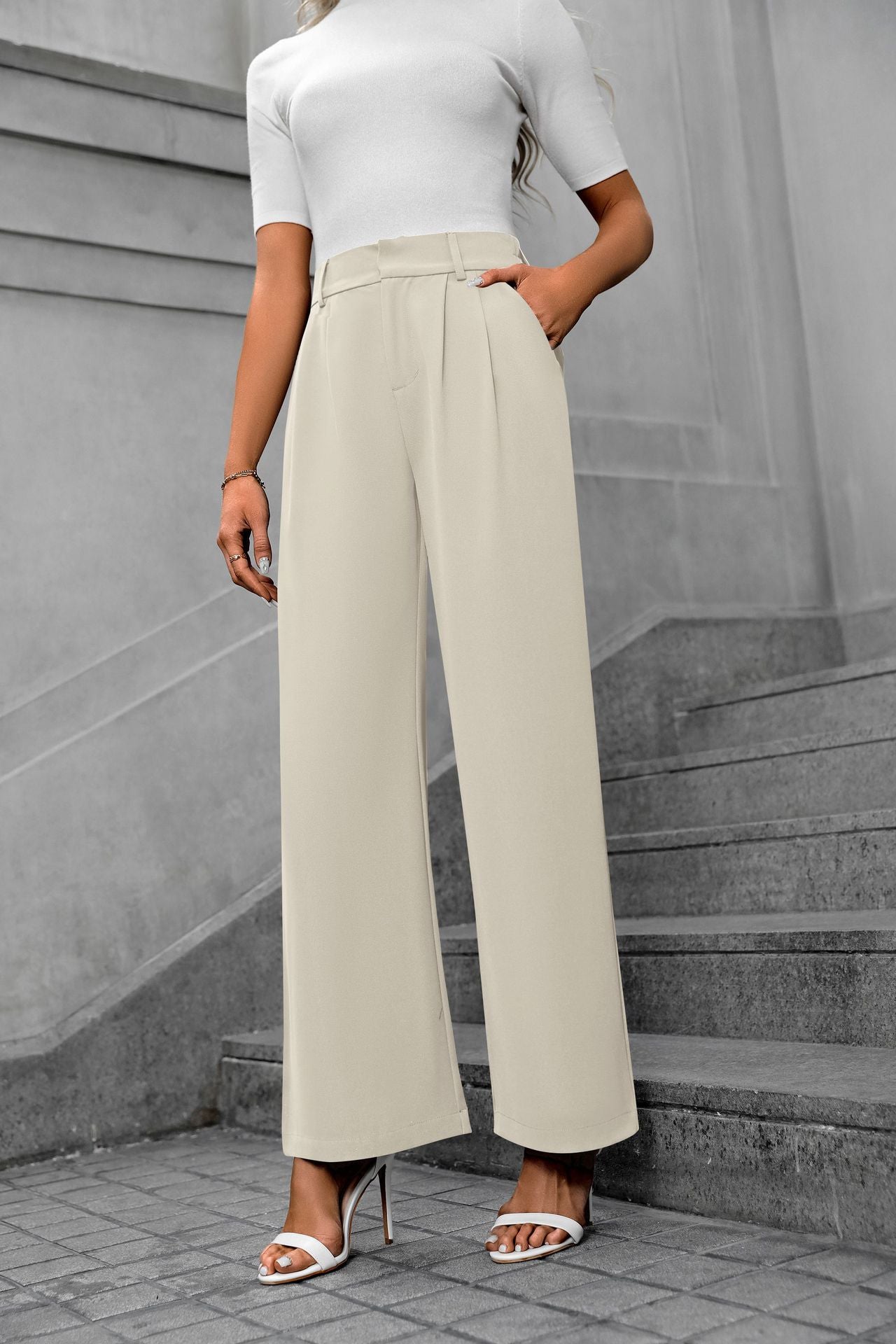 Cream Waist Band Pleated Straight Fit Pants