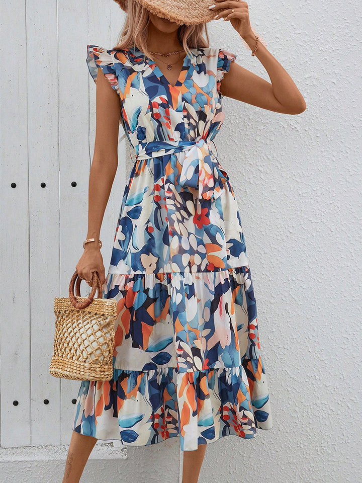 Multi Printed Cap Sleeved Dress
