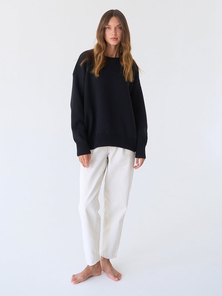 Black Relaxed High Neck Solid Sweater