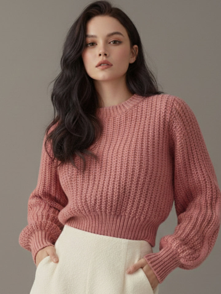 Pink Puff Sleeve High Neck Plain Chunky Sweater