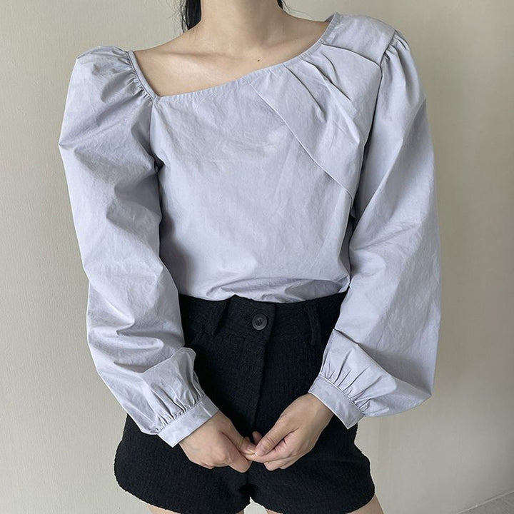 Blue Assymetric Nwck With Pleats Top