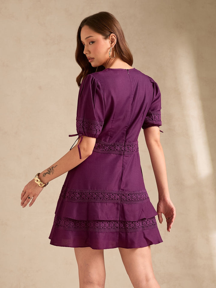 Purple Tiered Mini Dress With Lace Inserts Detailing