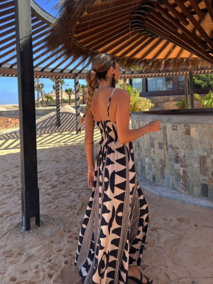 Navy Blue Abstract Print Sleeveless Plunging Neck Dress