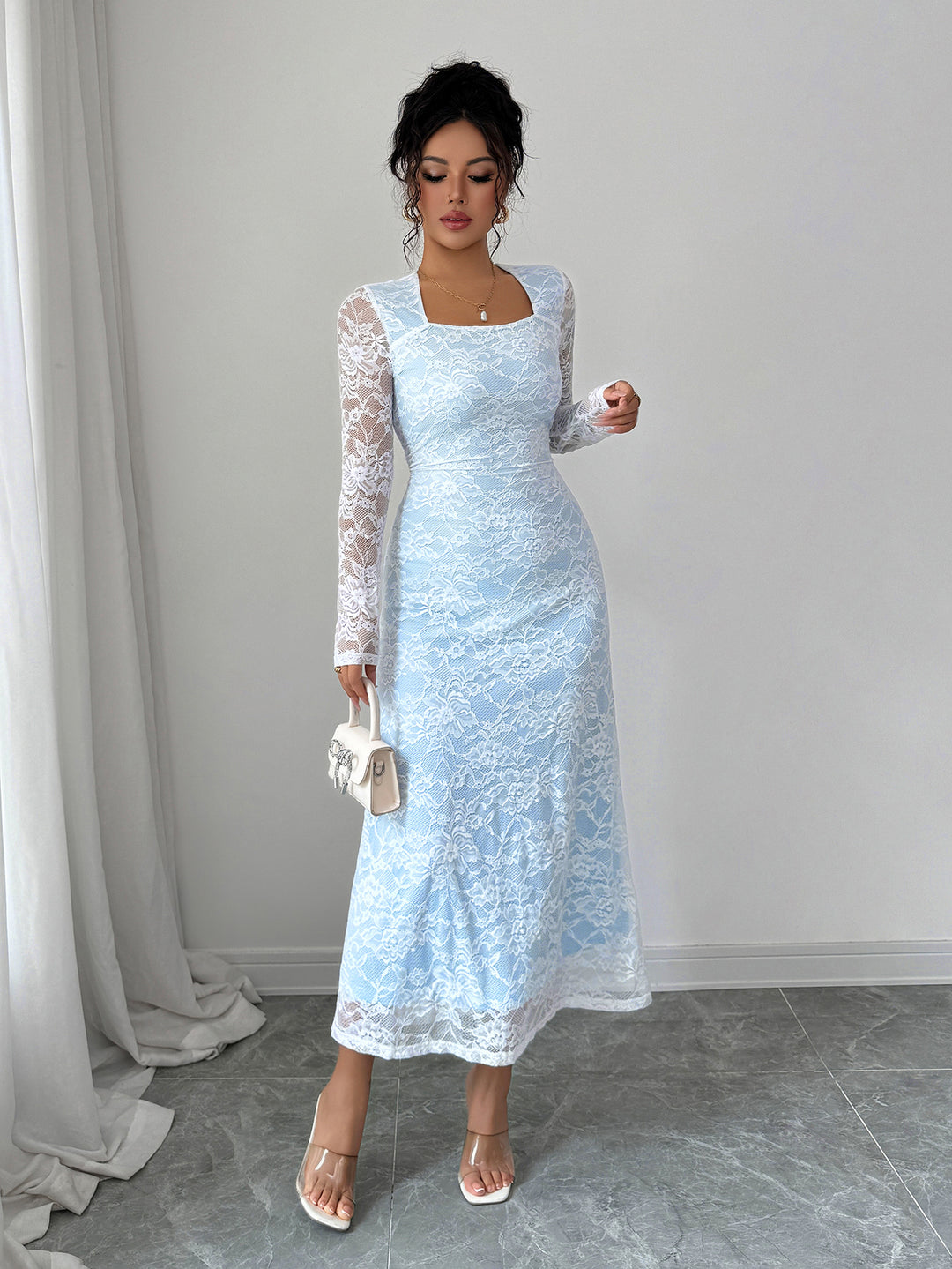 Blue Full Sleeve Square Neck Lace Dress