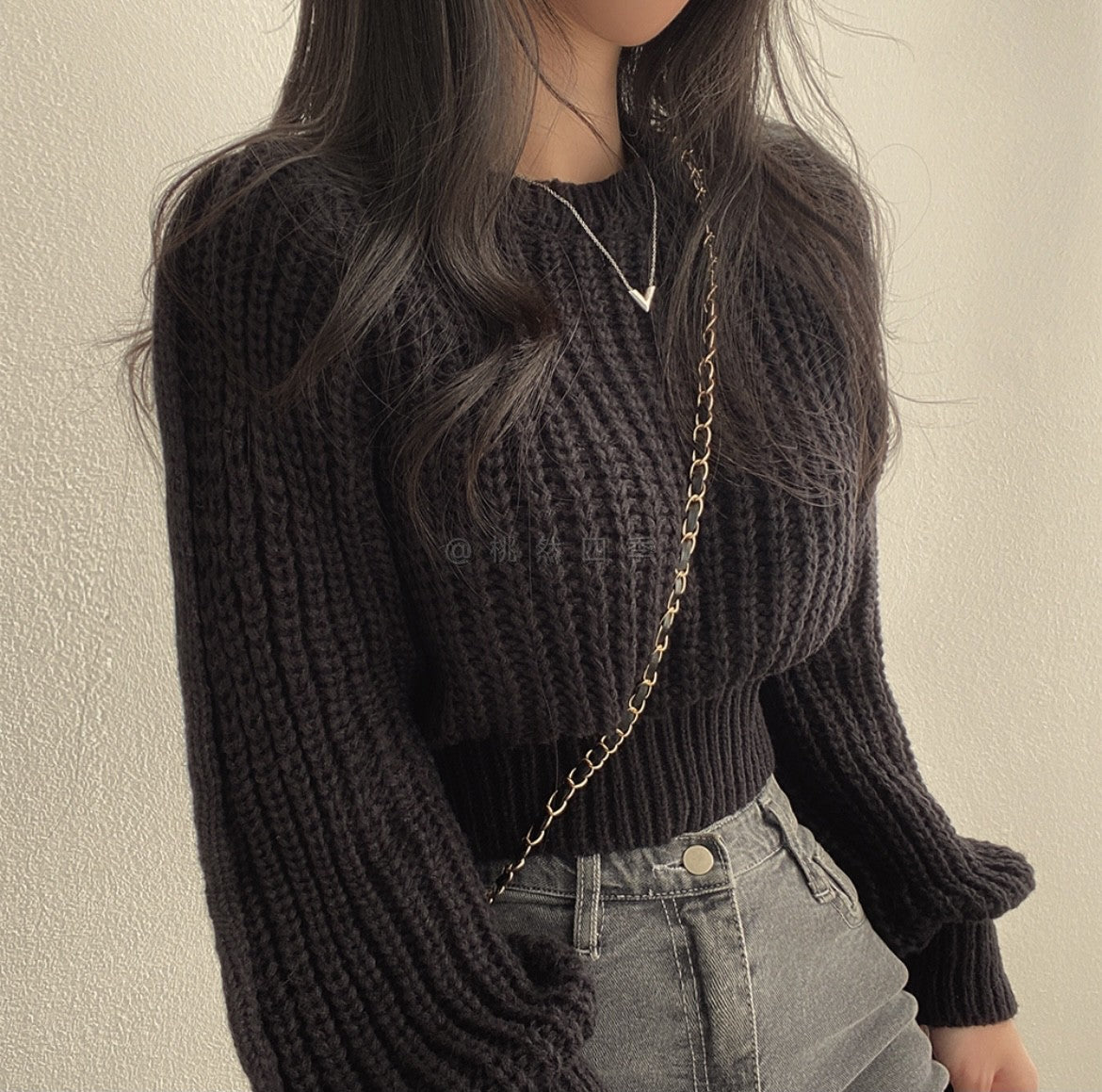 Black Puff Sleeve High Neck Plain Chunky Sweater