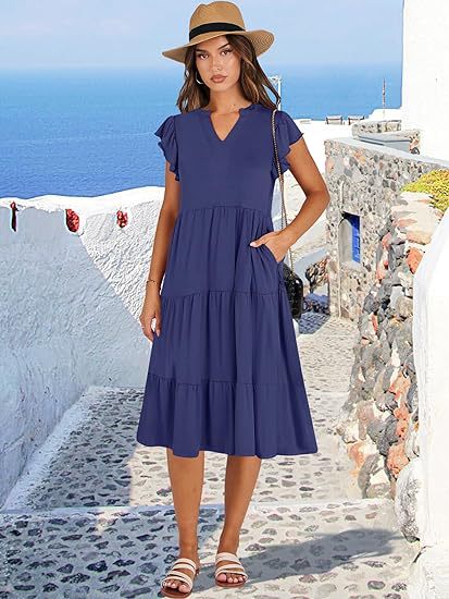 Purple High V Neck Tiered Dress With Pockets