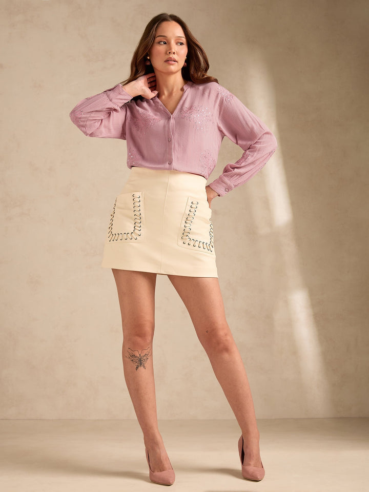 Mauve V-Neck Embroidered Long Sleeve Shirt With Embroidery