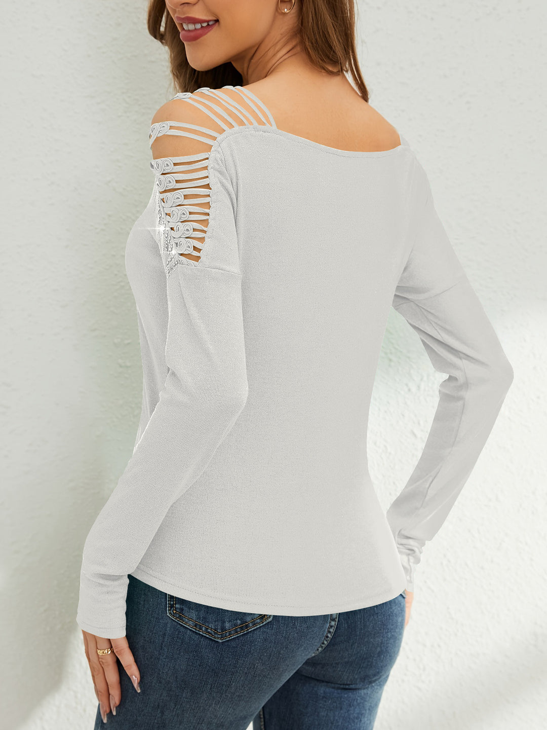 White Full Sleeve Shoulder Cut-Out Detail Top