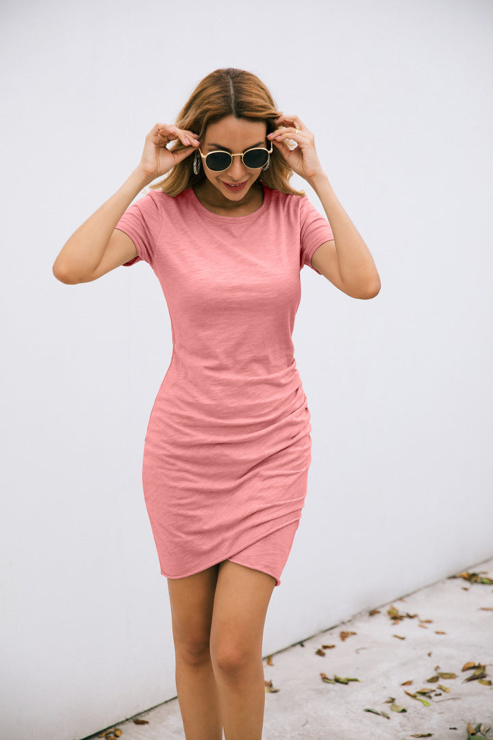 Pink Solid Wrap Over Hem Dress