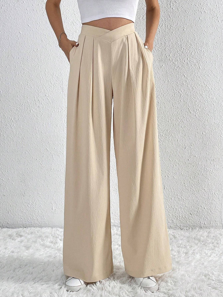 Cream Solid Wide Leg Pleated Trousers